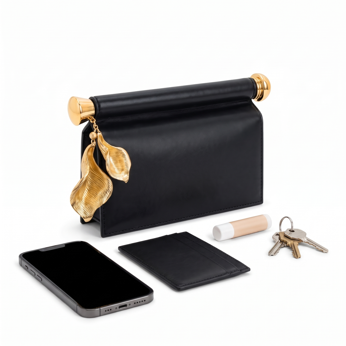 Faux Leather Flap Clutch for Women, Black Gold Petal Charm Evening Bag