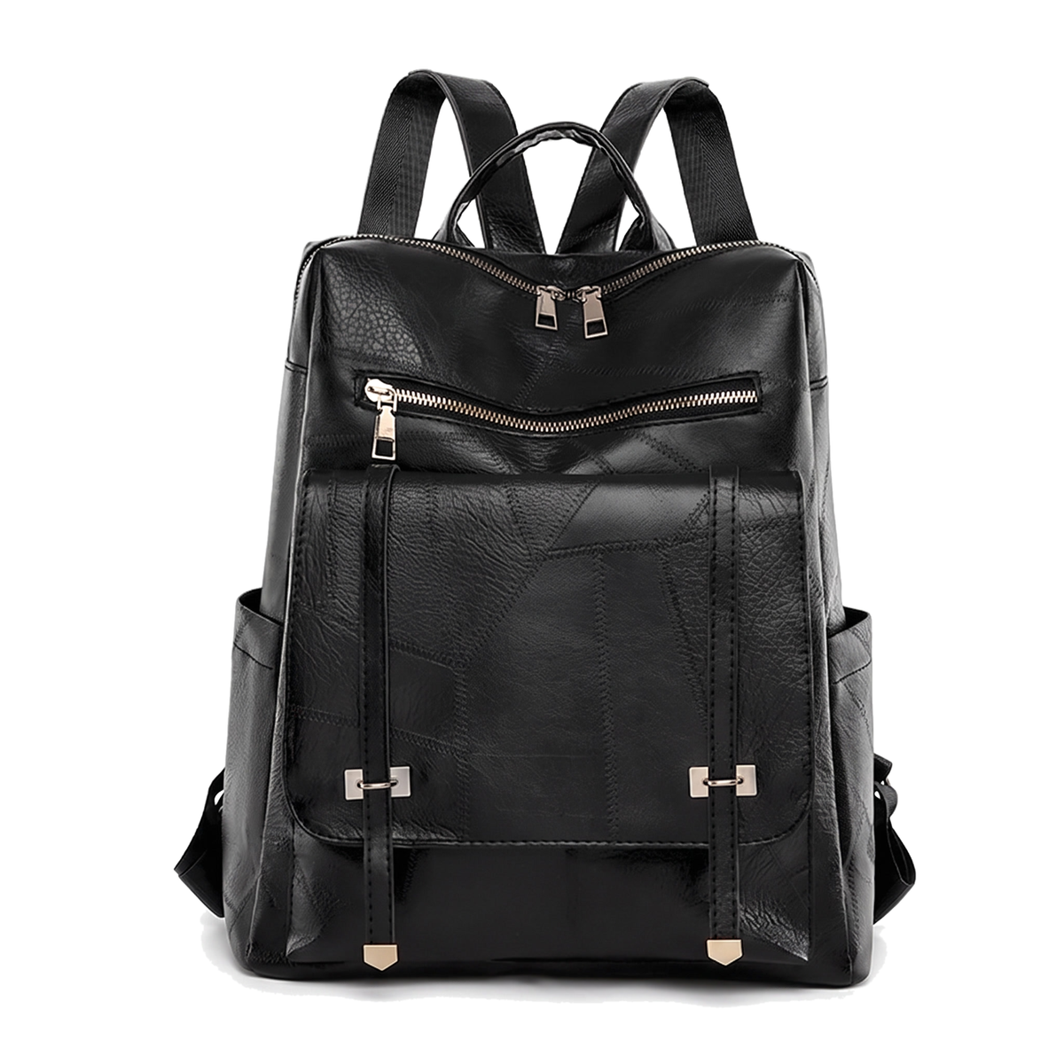 Faux Leather Flap Pocket Backpack for Women, Black City Backpack Purse