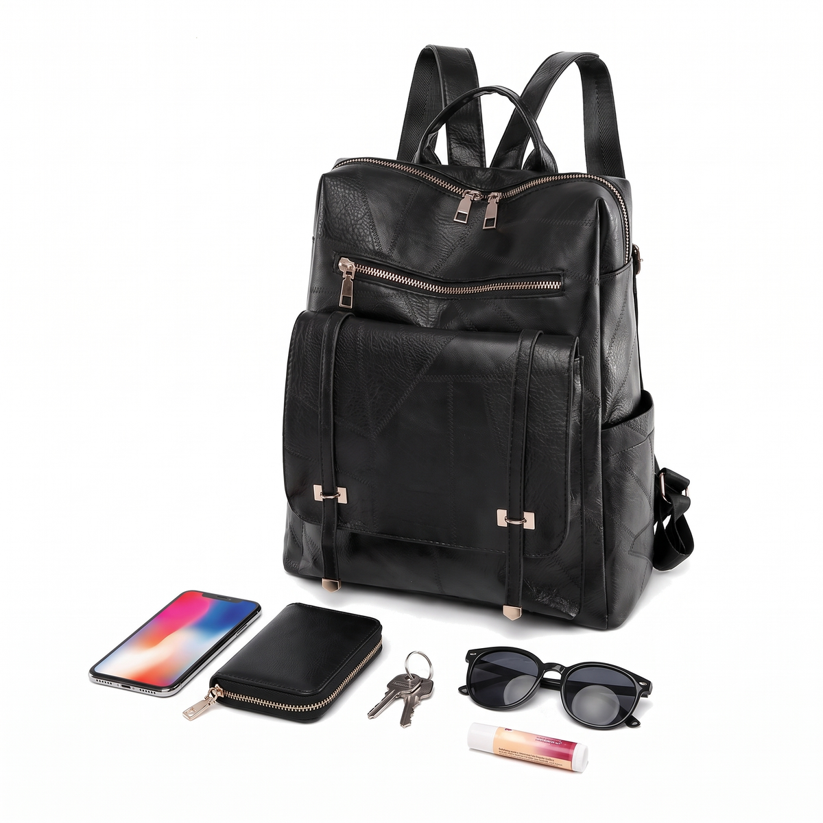 Faux Leather Flap Pocket Backpack for Women, Black City Backpack Purse