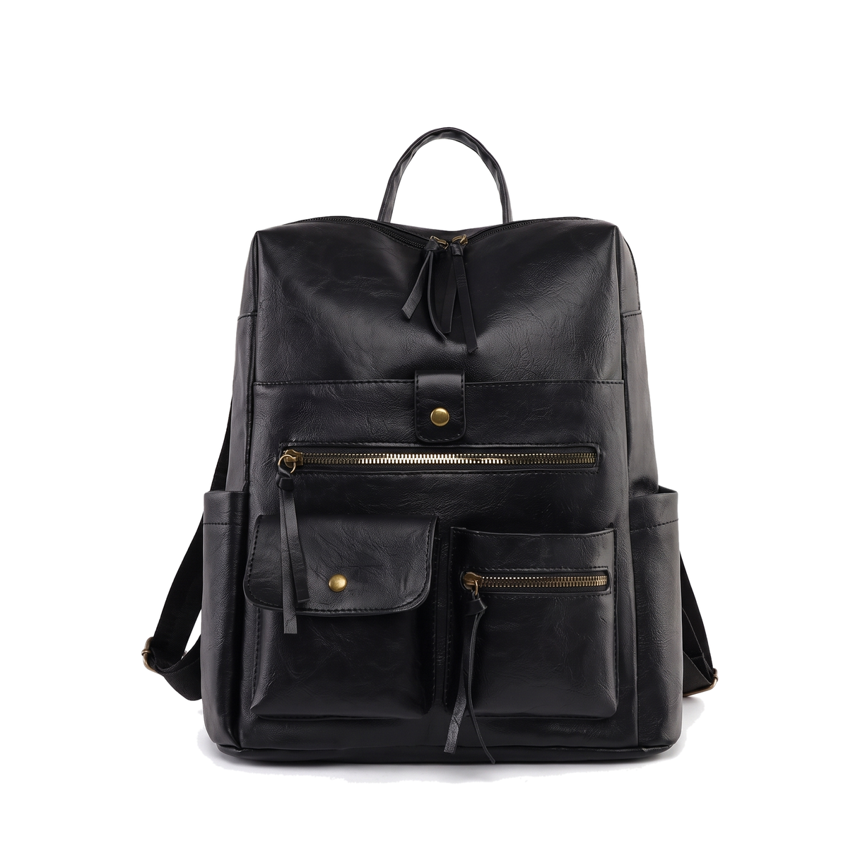 Faux Leather Multi Pocket Backpack for Women, Black Everyday Casual Backpack Purse