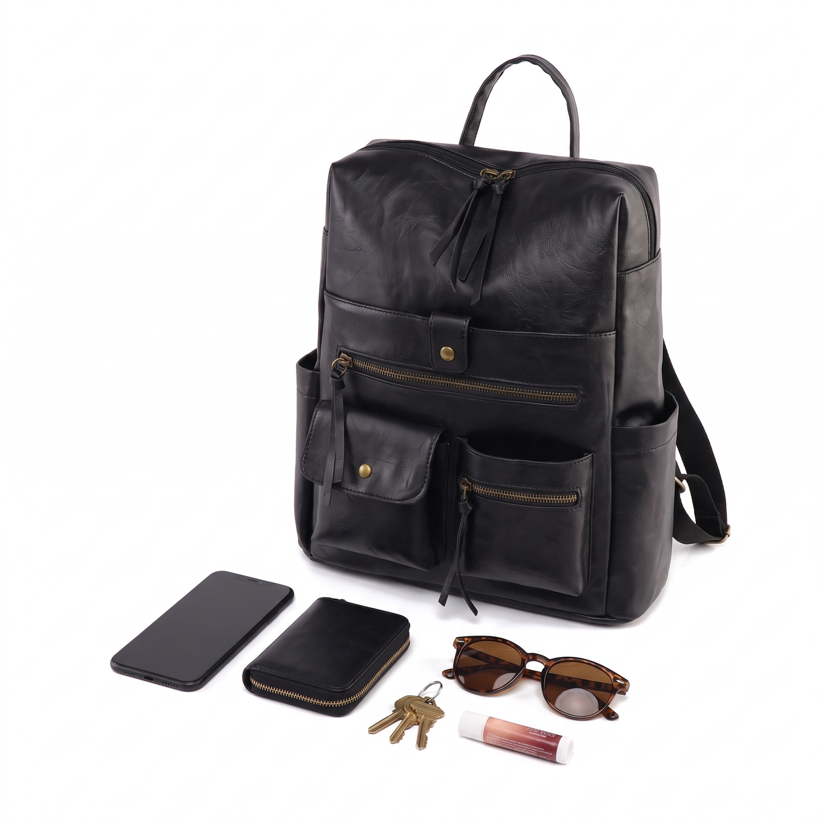 Faux Leather Multi Pocket Backpack for Women, Black Everyday Casual Backpack Purse