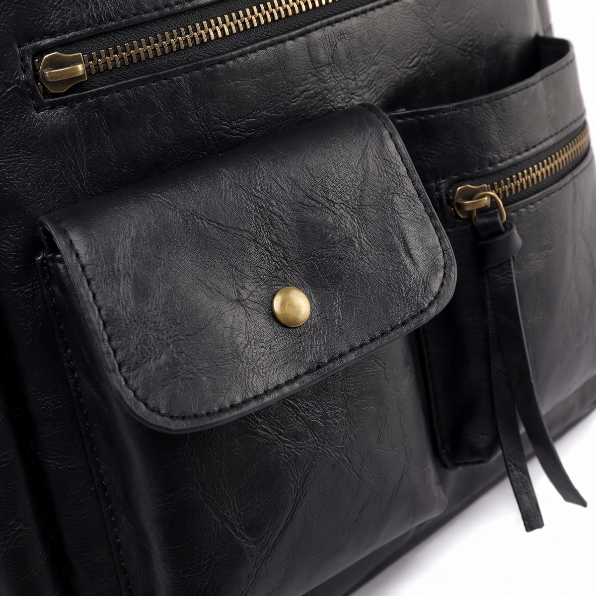 Faux Leather Multi Pocket Backpack for Women, Black Everyday Casual Backpack Purse