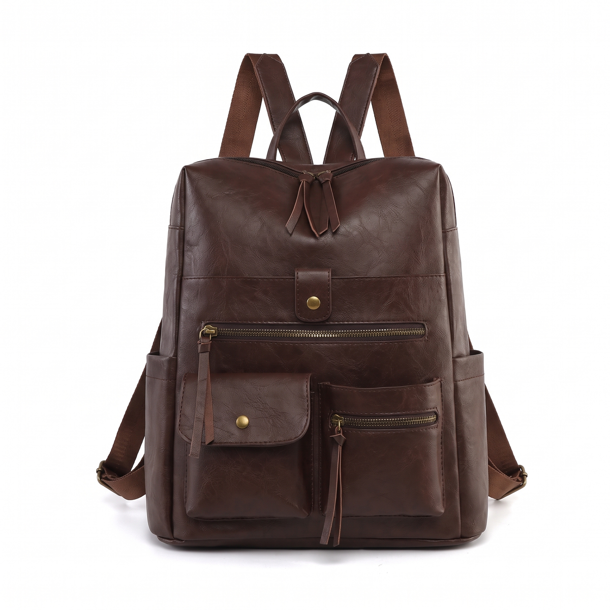 Faux Leather Multi Pocket Backpack for Women, Black Everyday Casual Backpack Purse