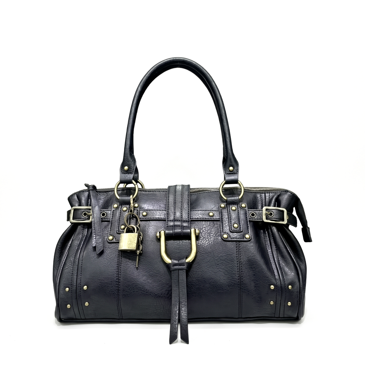 Faux Leather Padlock Bowling Bag for Women, Black Y2K Belted Handbag