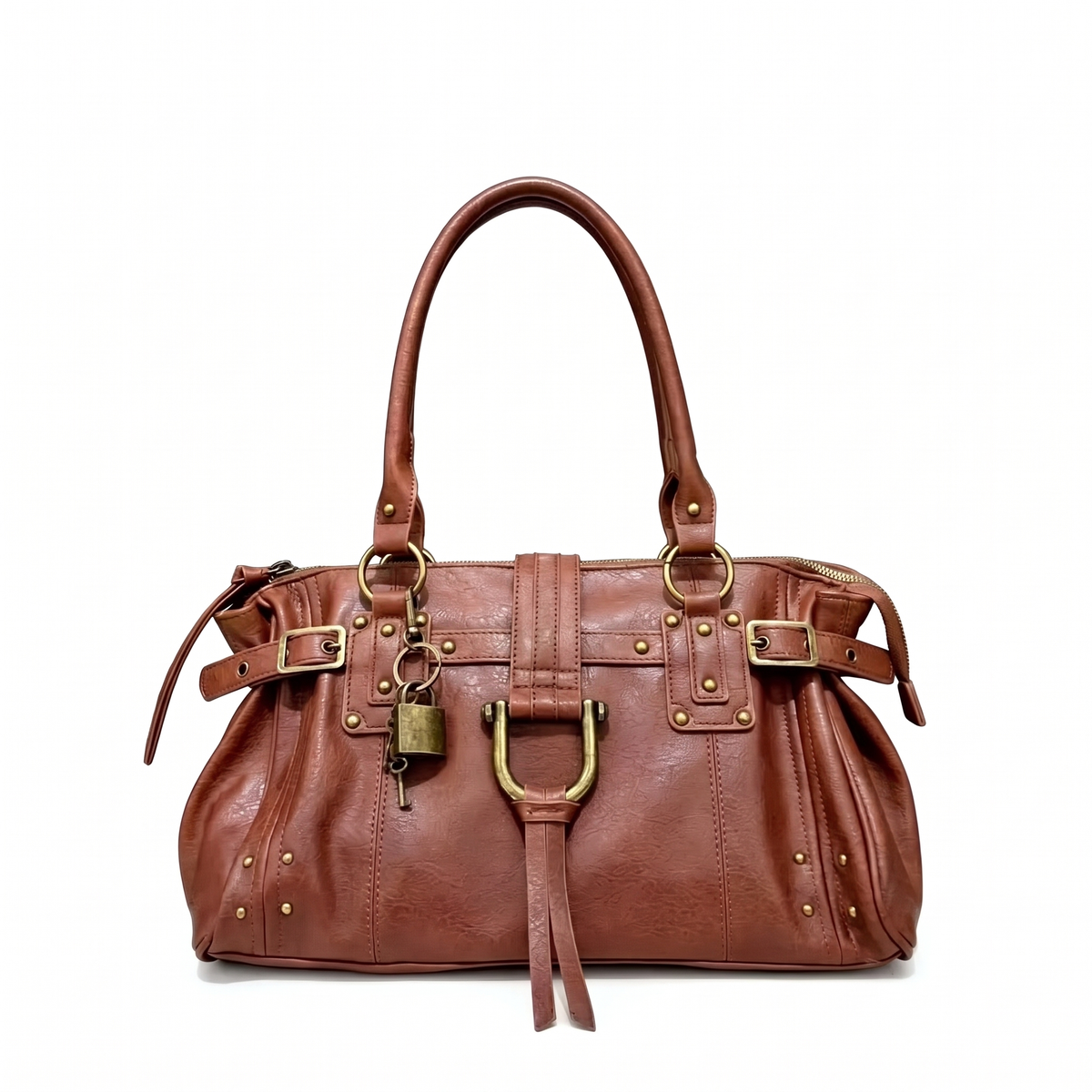 Faux Leather Padlock Bowling Bag for Women, Black Y2K Belted Handbag