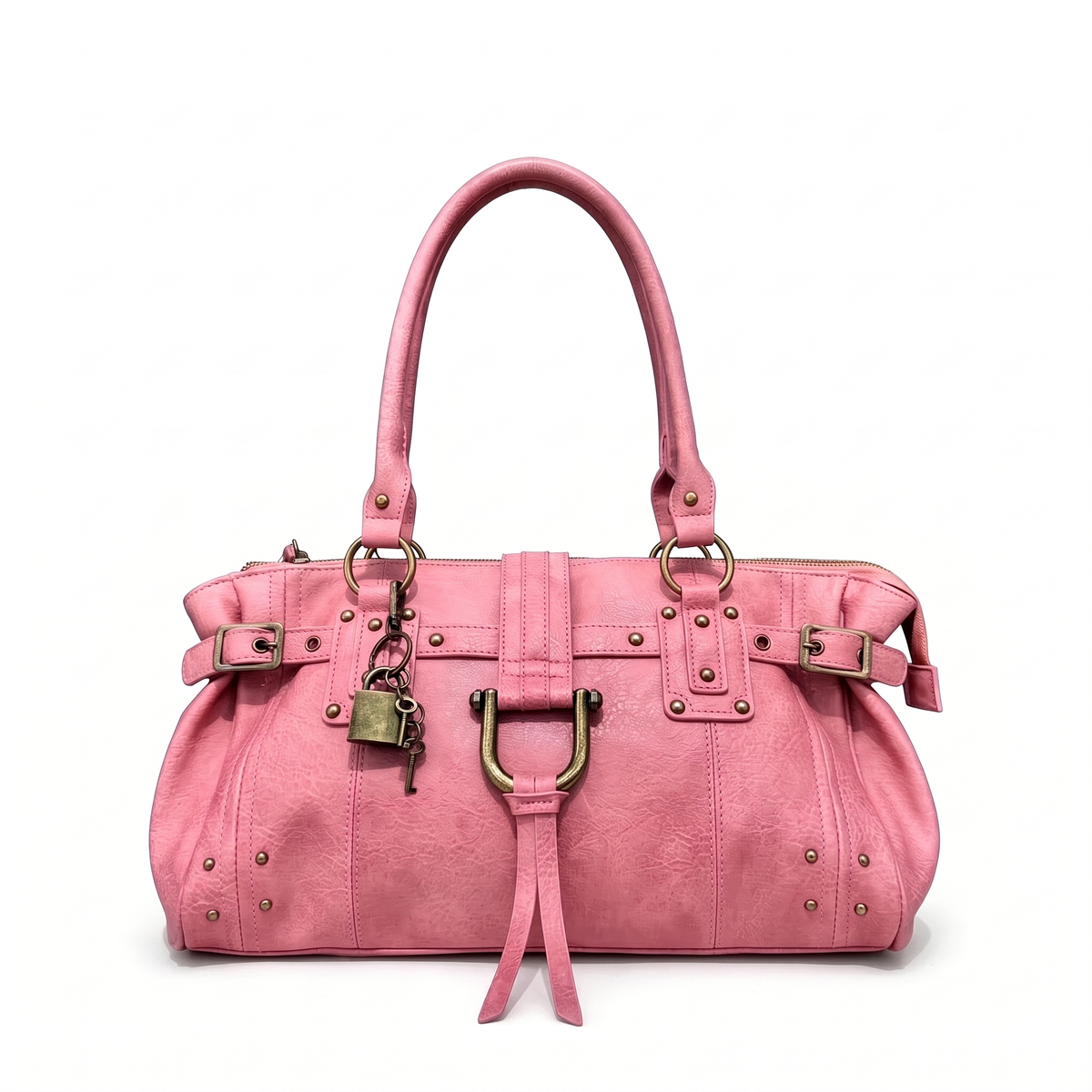 Faux Leather Padlock Bowling Bag for Women, Black Y2K Belted Handbag