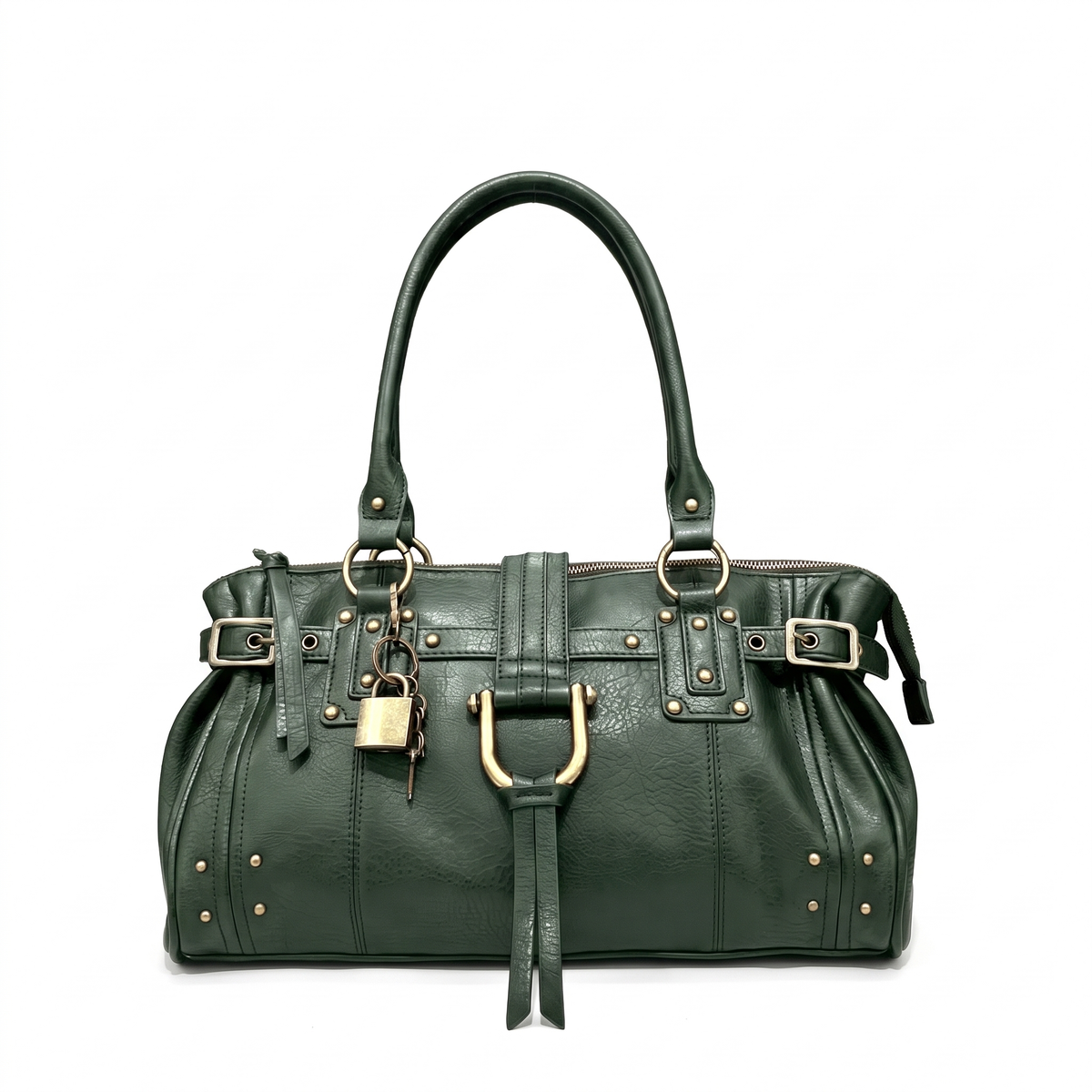 Faux Leather Padlock Bowling Bag for Women, Black Y2K Belted Handbag