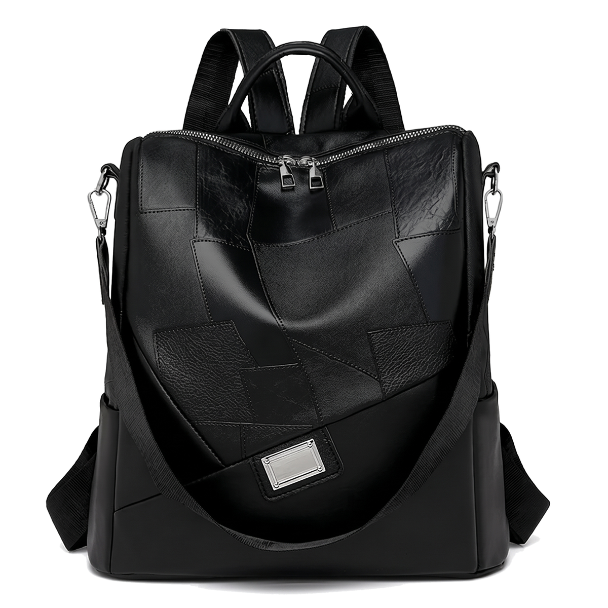 Faux Leather Patchwork Backpack for Women, Black City Backpack Purse