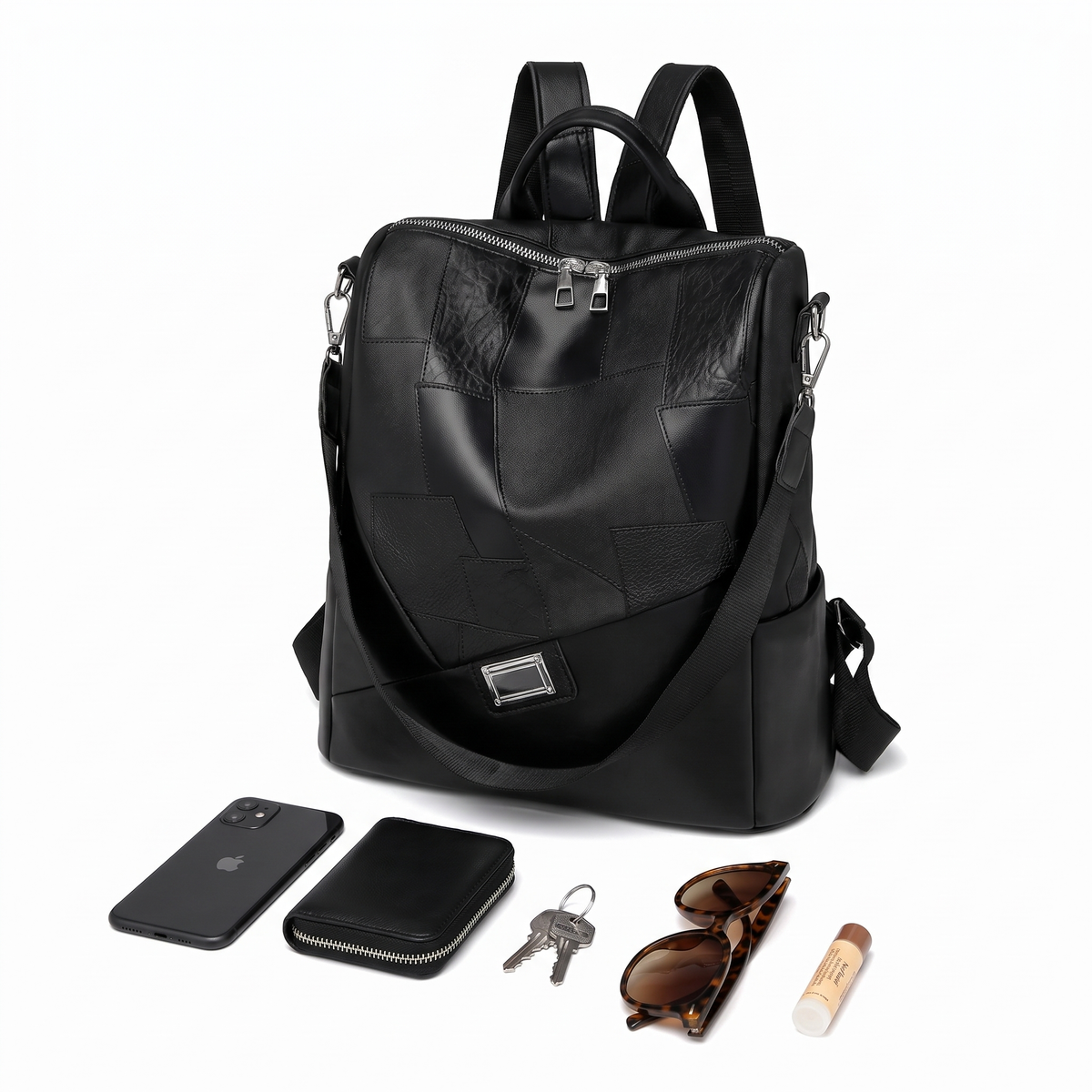 Faux Leather Patchwork Backpack for Women, Black City Backpack Purse
