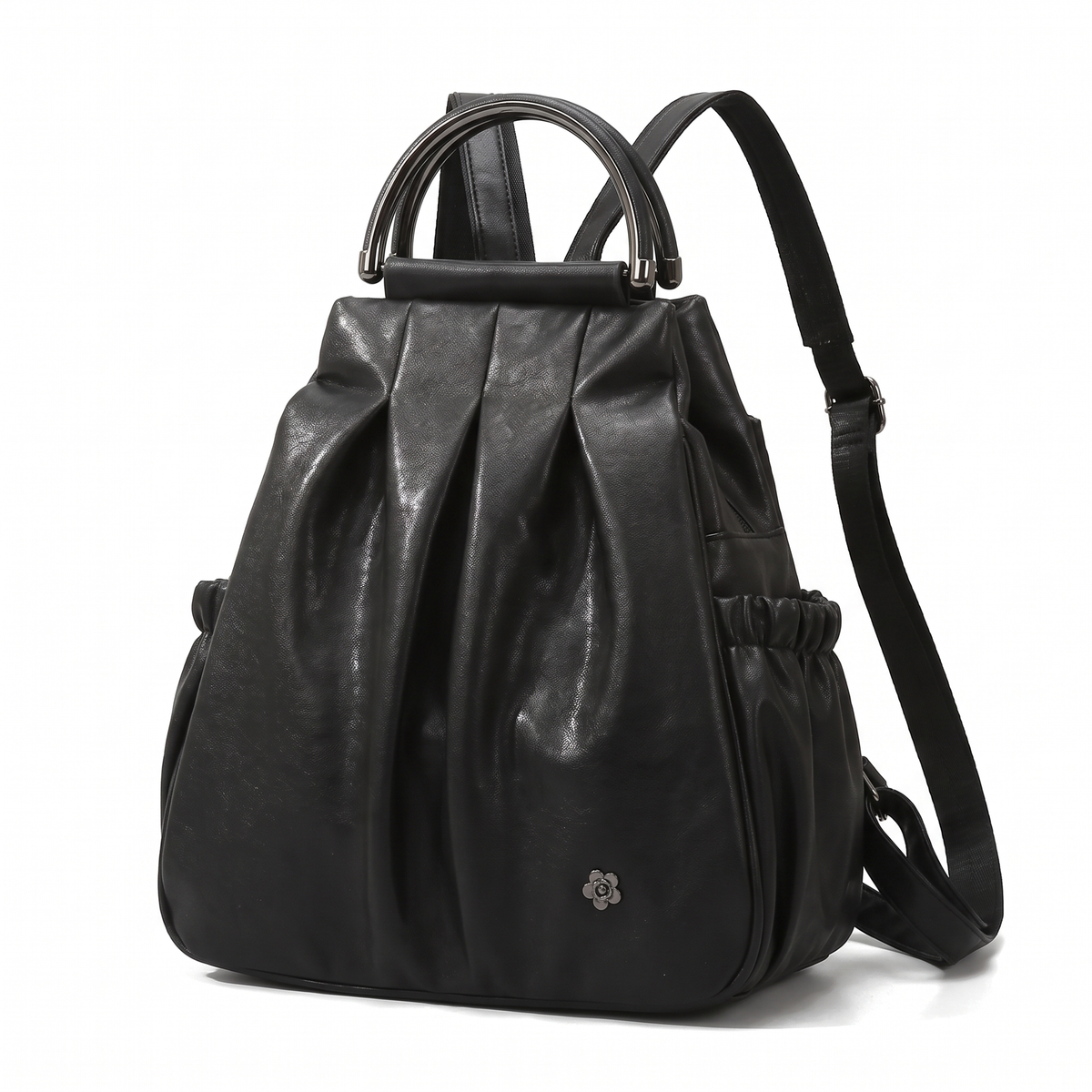Faux Leather Pleated Backpack for Women, Black City Backpack Purse