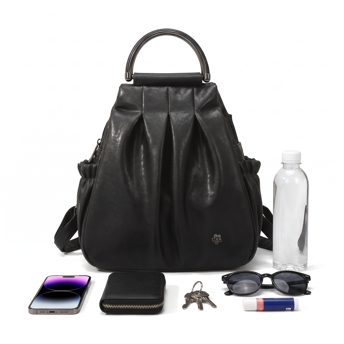 Faux Leather Pleated Backpack for Women, Black City Backpack Purse