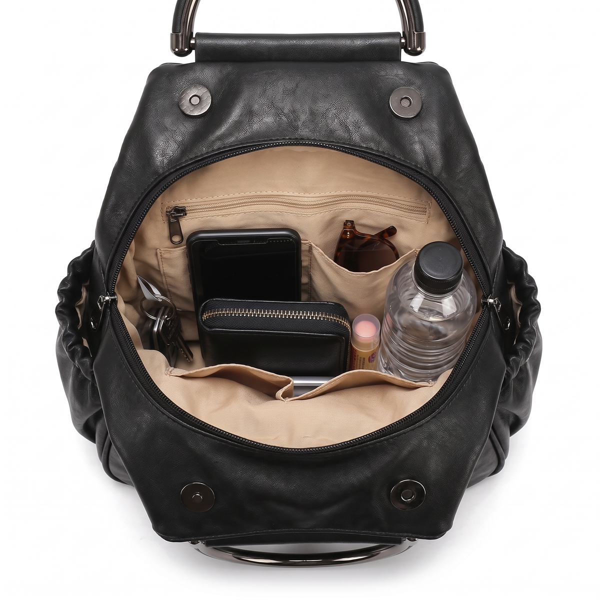 Faux Leather Pleated Backpack for Women, Black City Backpack Purse
