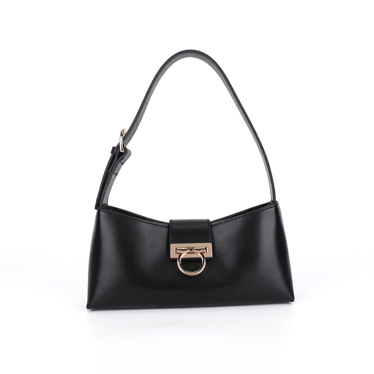 Faux Leather Shoulder Bag for Women, Black Gold Clasp East West Bag