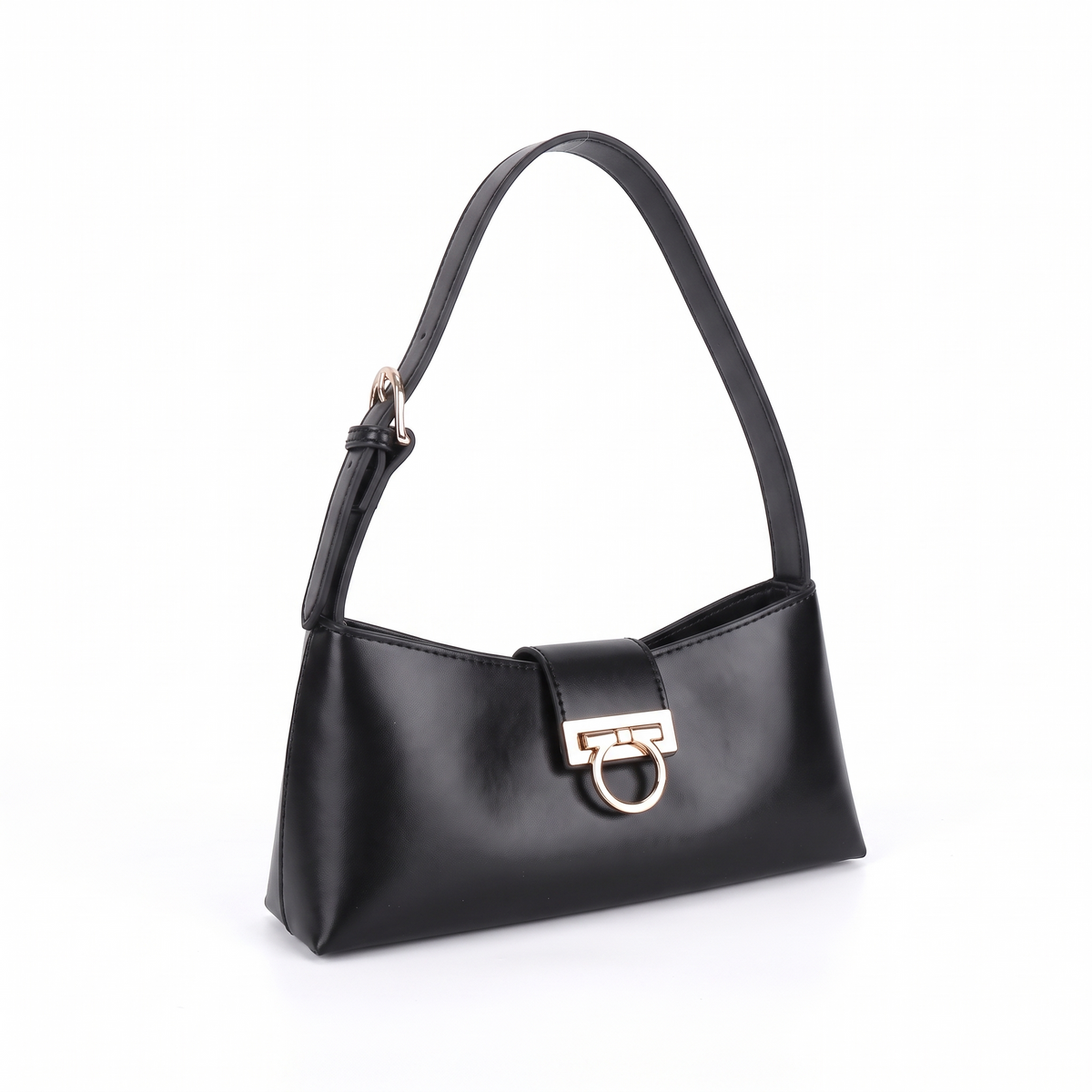 Faux Leather Shoulder Bag for Women, Black Gold Clasp East West Bag