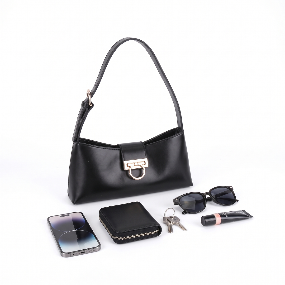 Faux Leather Shoulder Bag for Women, Black Gold Clasp East West Bag