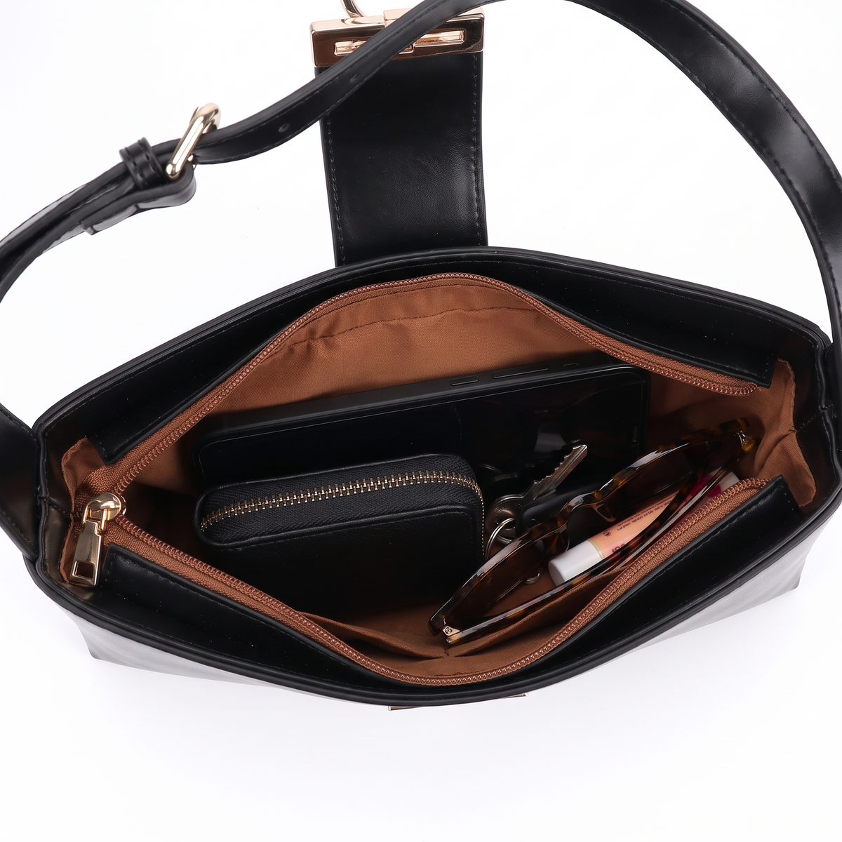Faux Leather Shoulder Bag for Women, Black Gold Clasp East West Bag