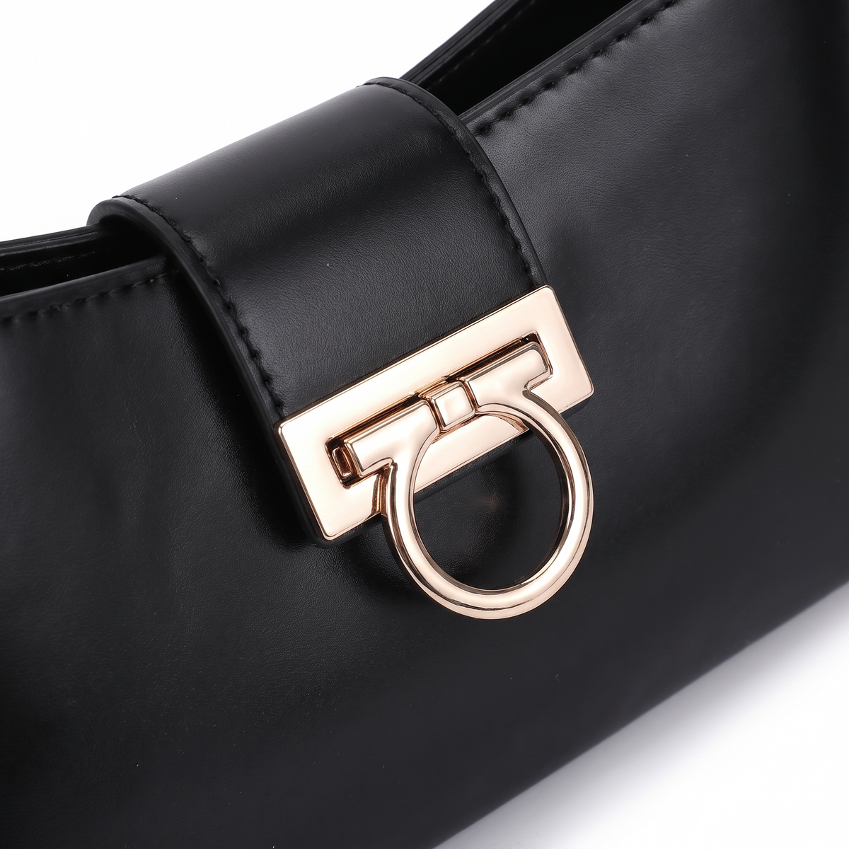 Faux Leather Shoulder Bag for Women, Black Gold Clasp East West Bag