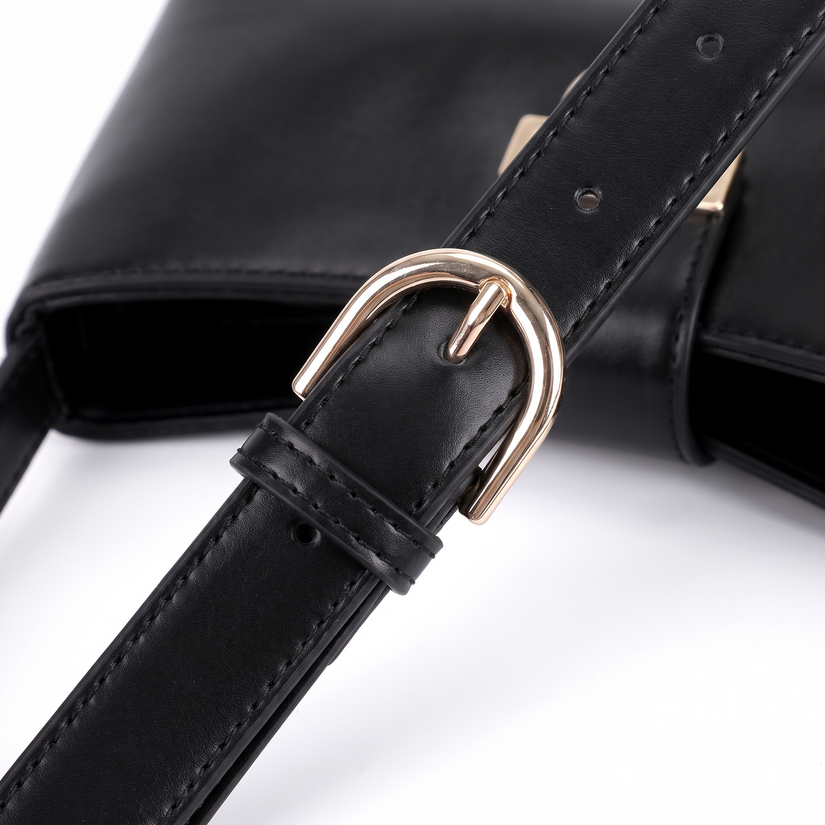 Faux Leather Shoulder Bag for Women, Black Gold Clasp East West Bag