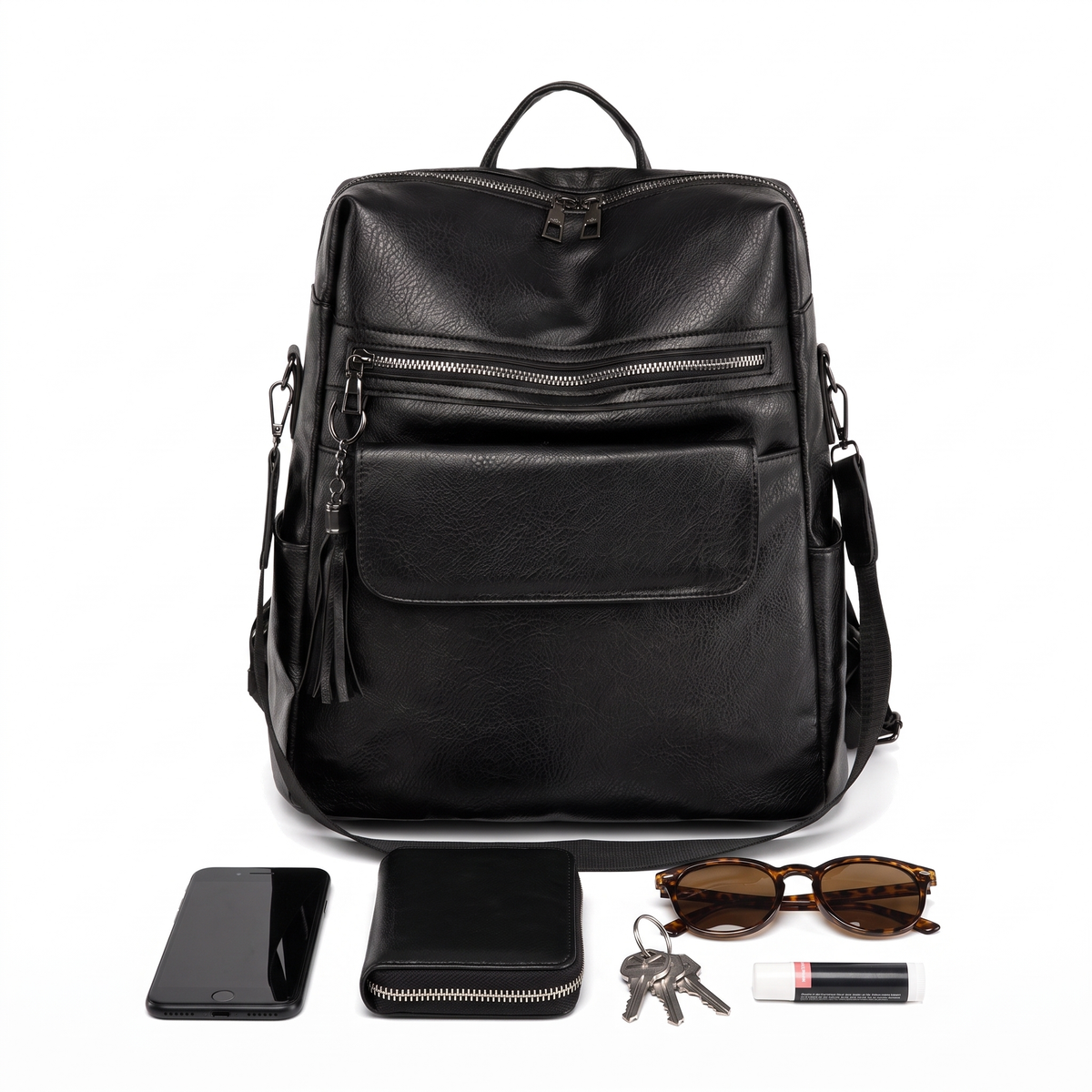 Faux Leather Square Backpack for Women, Black City Backpack Purse