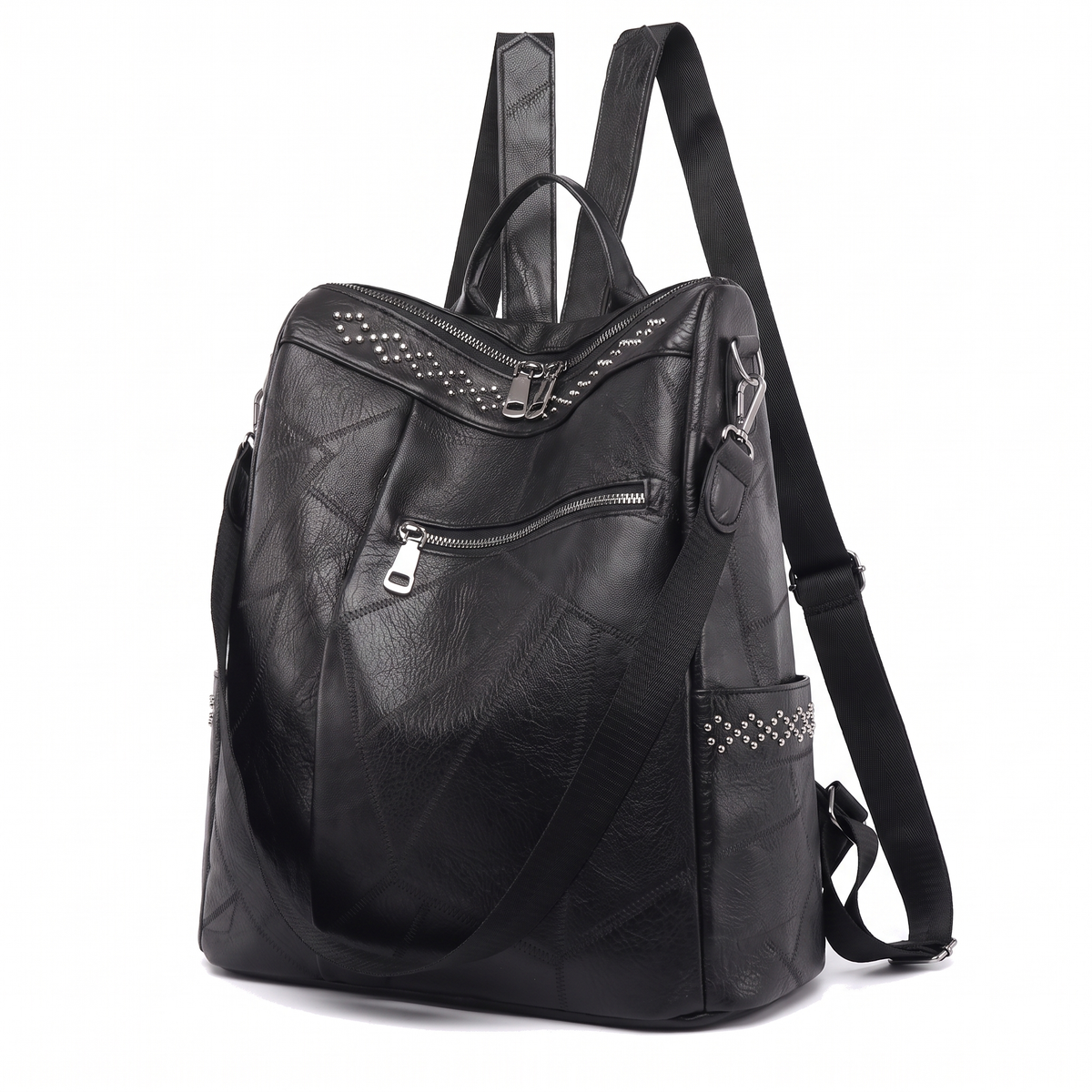 Faux Leather Studded Backpack for Women, Black Everyday Casual Backpack Purse