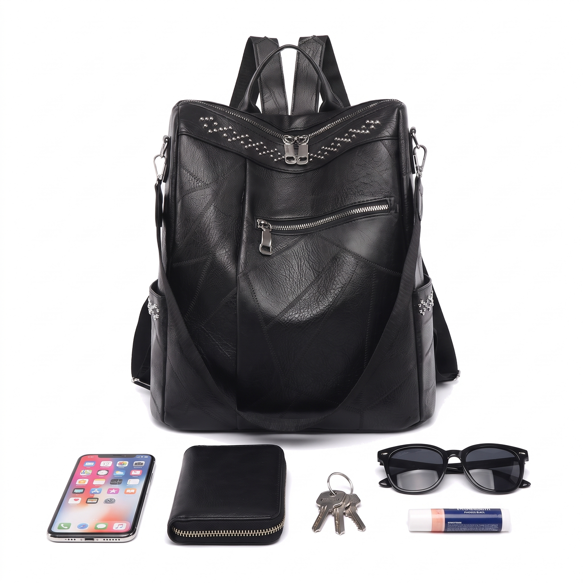 Faux Leather Studded Backpack for Women, Black Everyday Casual Backpack Purse