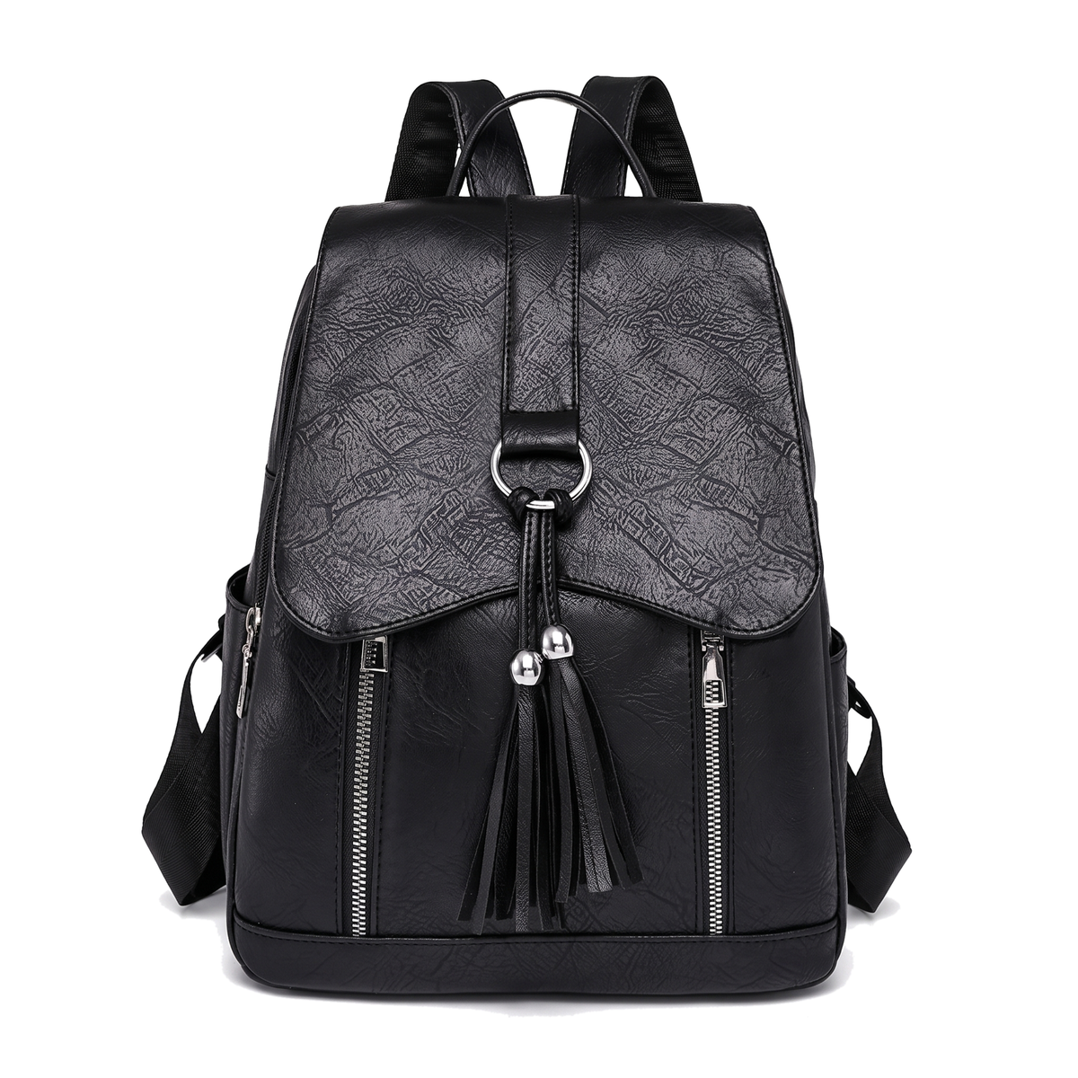 Faux Leather Tassel Flap Backpack for Women, Black Everyday Casual Backpack Purse