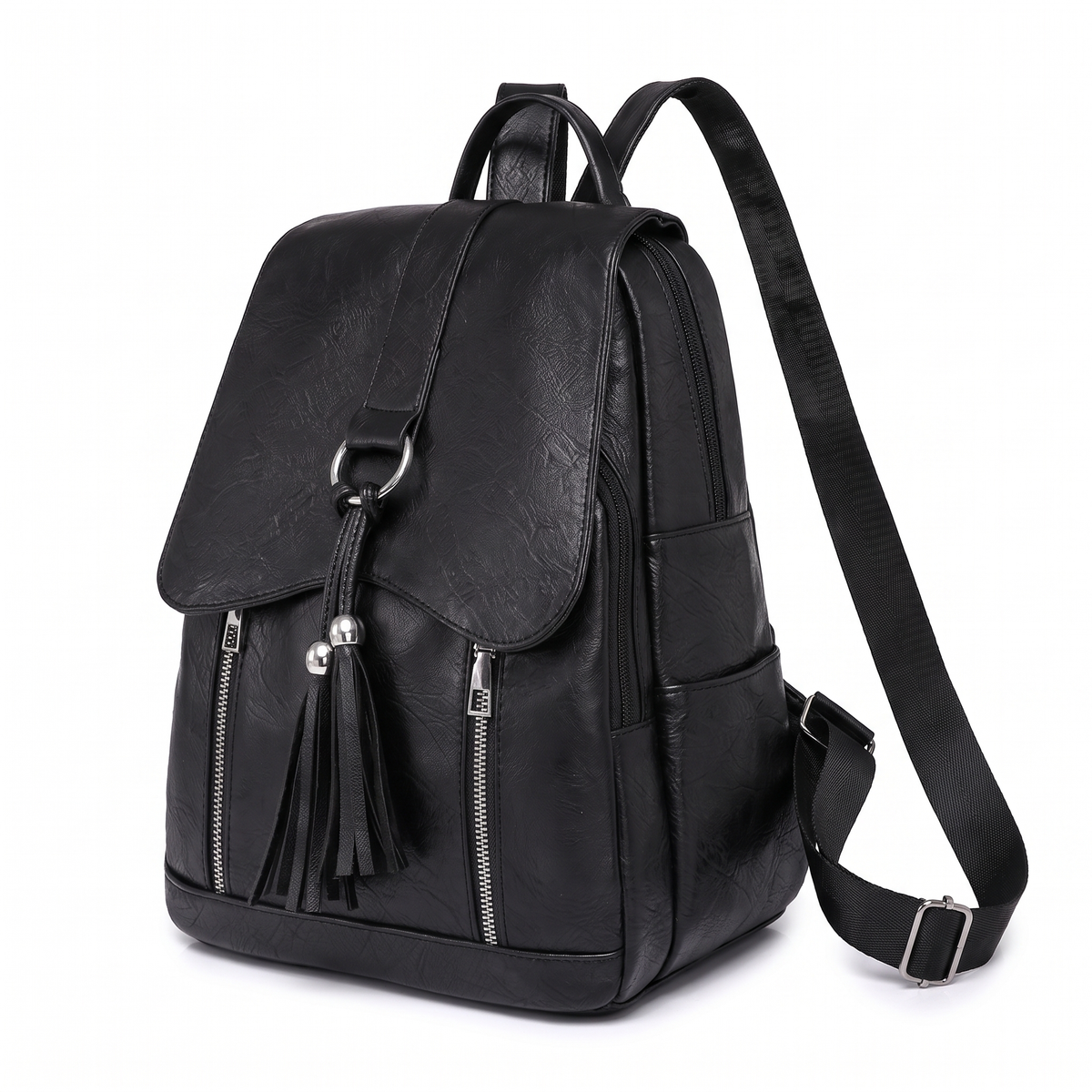 Faux Leather Tassel Flap Backpack for Women, Black Everyday Casual Backpack Purse