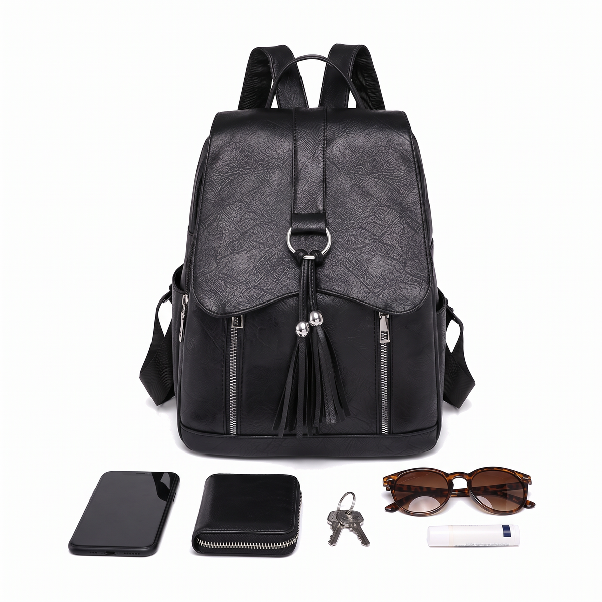 Faux Leather Tassel Flap Backpack for Women, Black Everyday Casual Backpack Purse