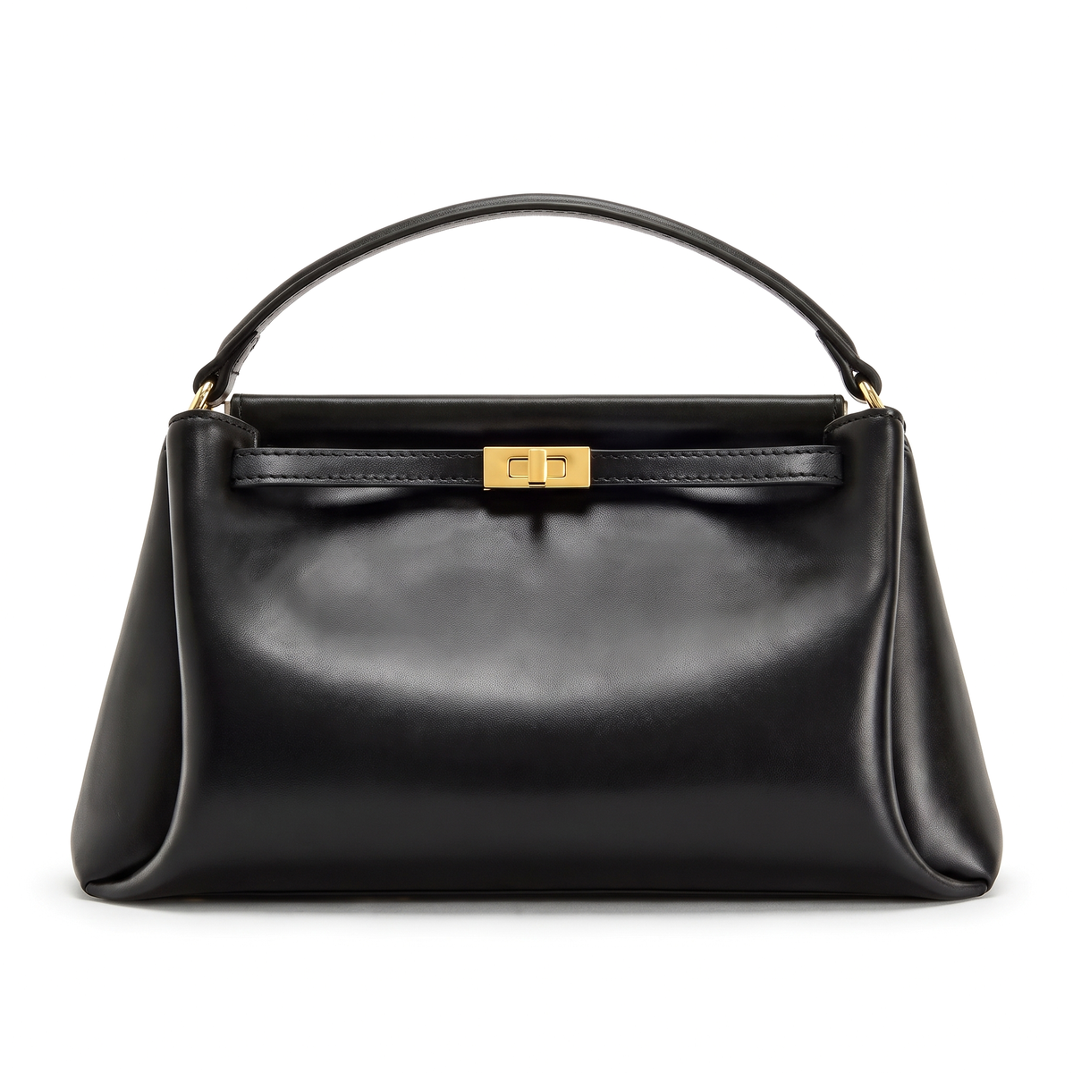 Faux Leather Top Handle Bag for Women, Black Gold Turn Lock Mini Handbag