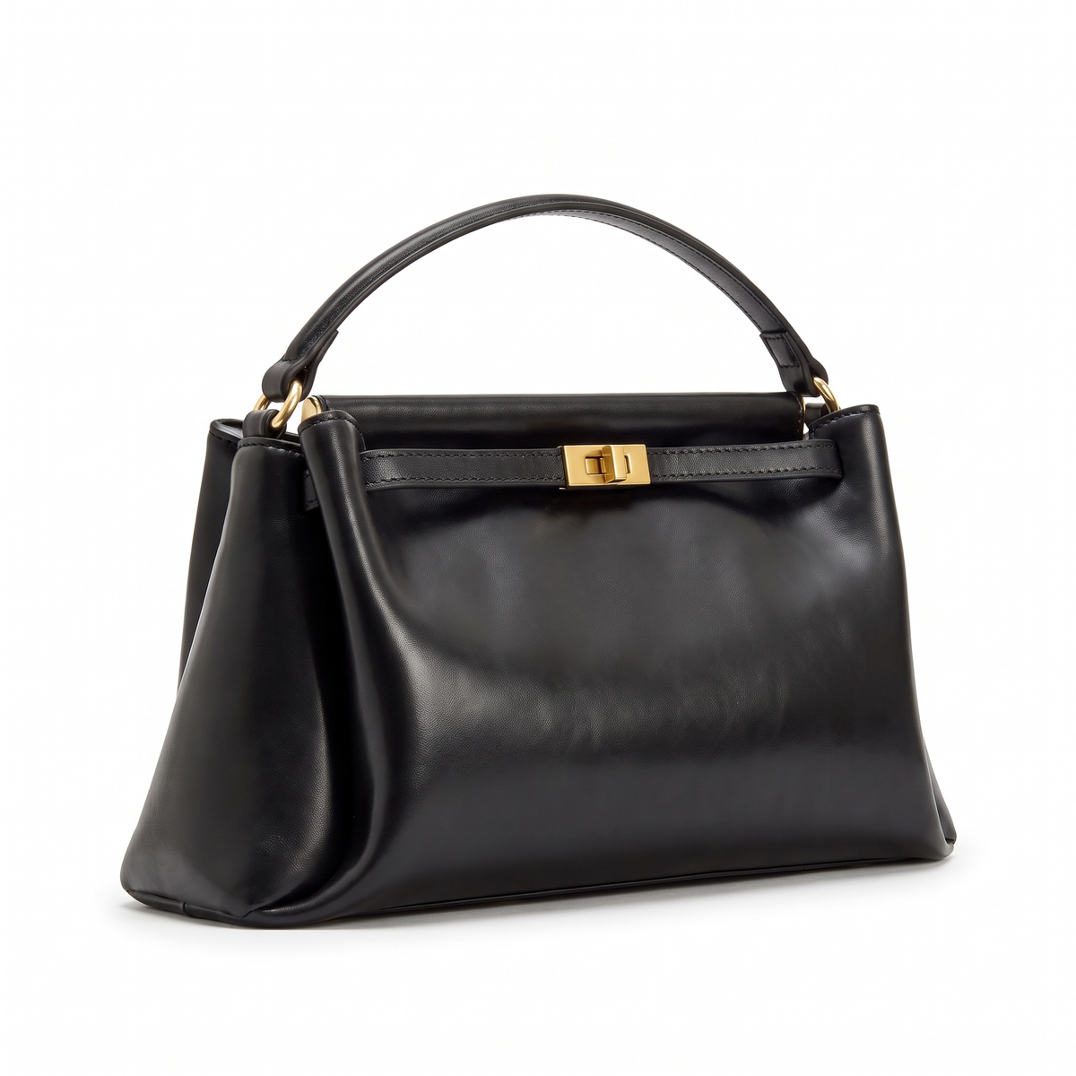 Faux Leather Top Handle Bag for Women, Black Gold Turn Lock Mini Handbag
