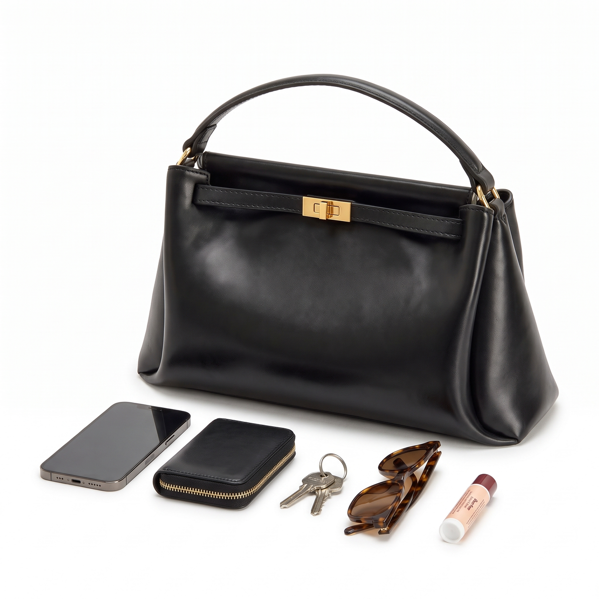 Faux Leather Top Handle Bag for Women, Black Gold Turn Lock Mini Handbag