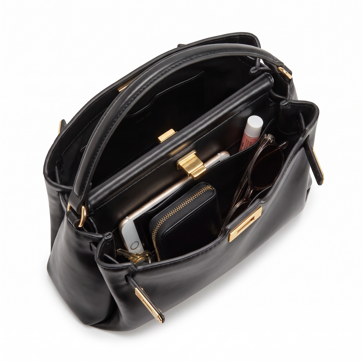 Faux Leather Top Handle Bag for Women, Black Gold Turn Lock Mini Handbag