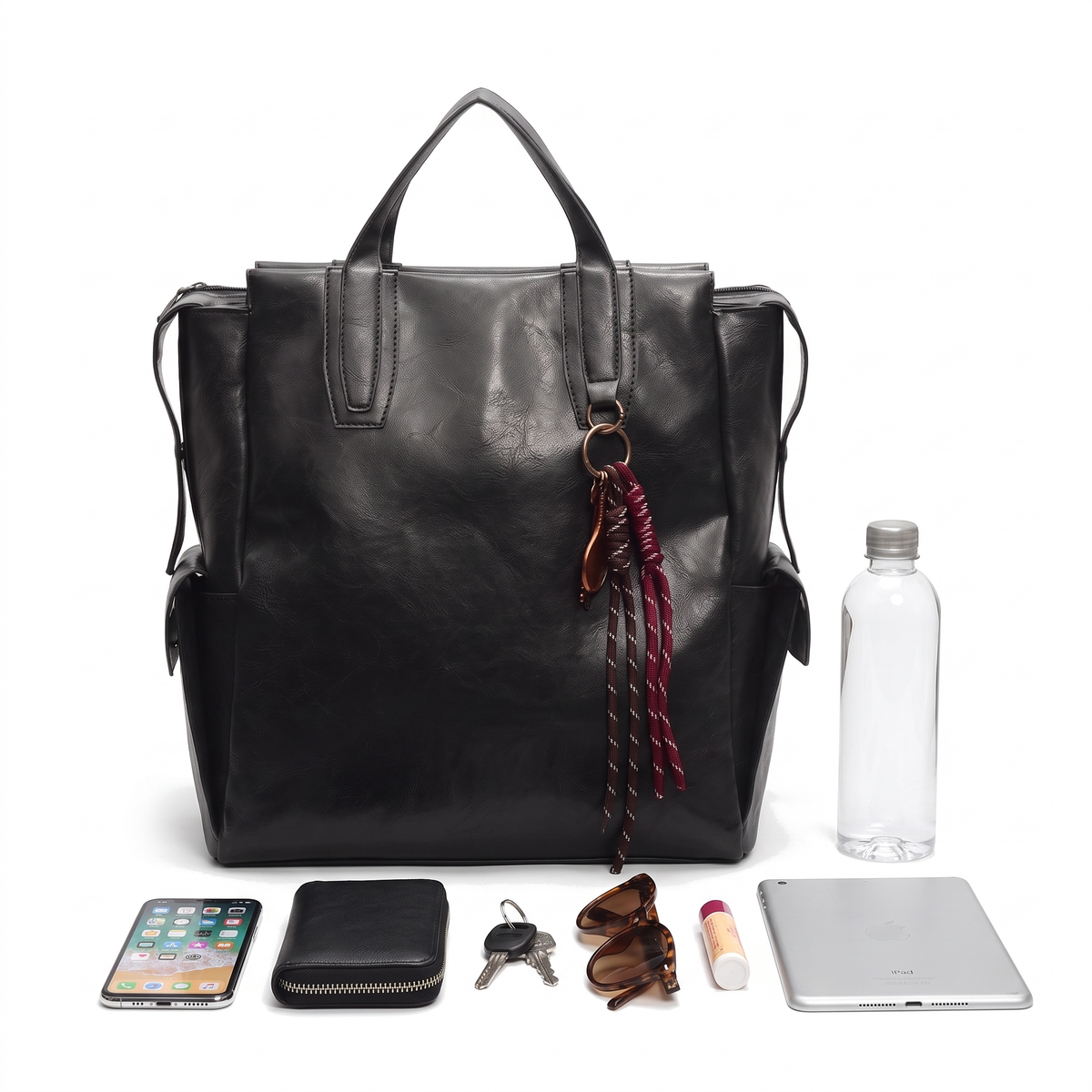 Faux Leather Tote Backpack for Women, Black City Backpack Purse