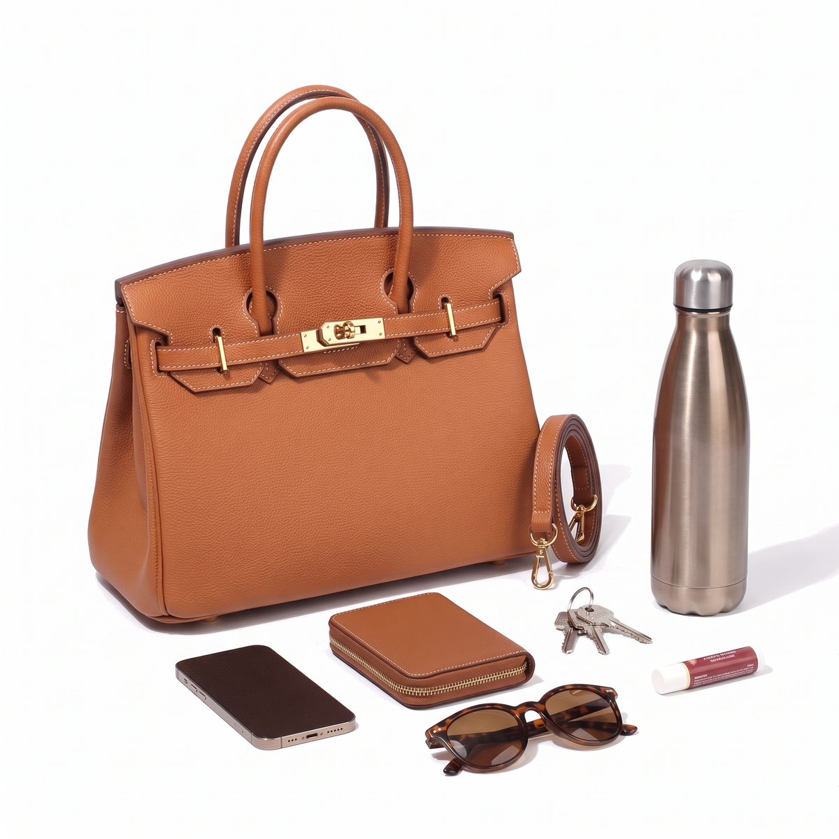 Faux Leather Top Handle Bag for Women, Cognac Brown Structured Handbag