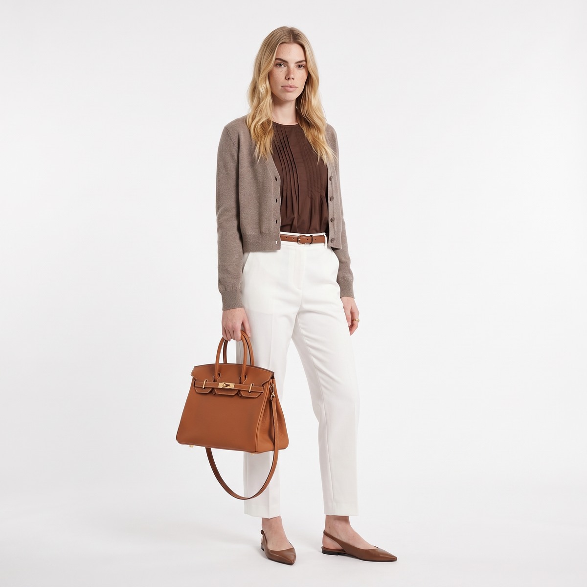 Faux Leather Top Handle Bag for Women, Cognac Brown Structured Handbag