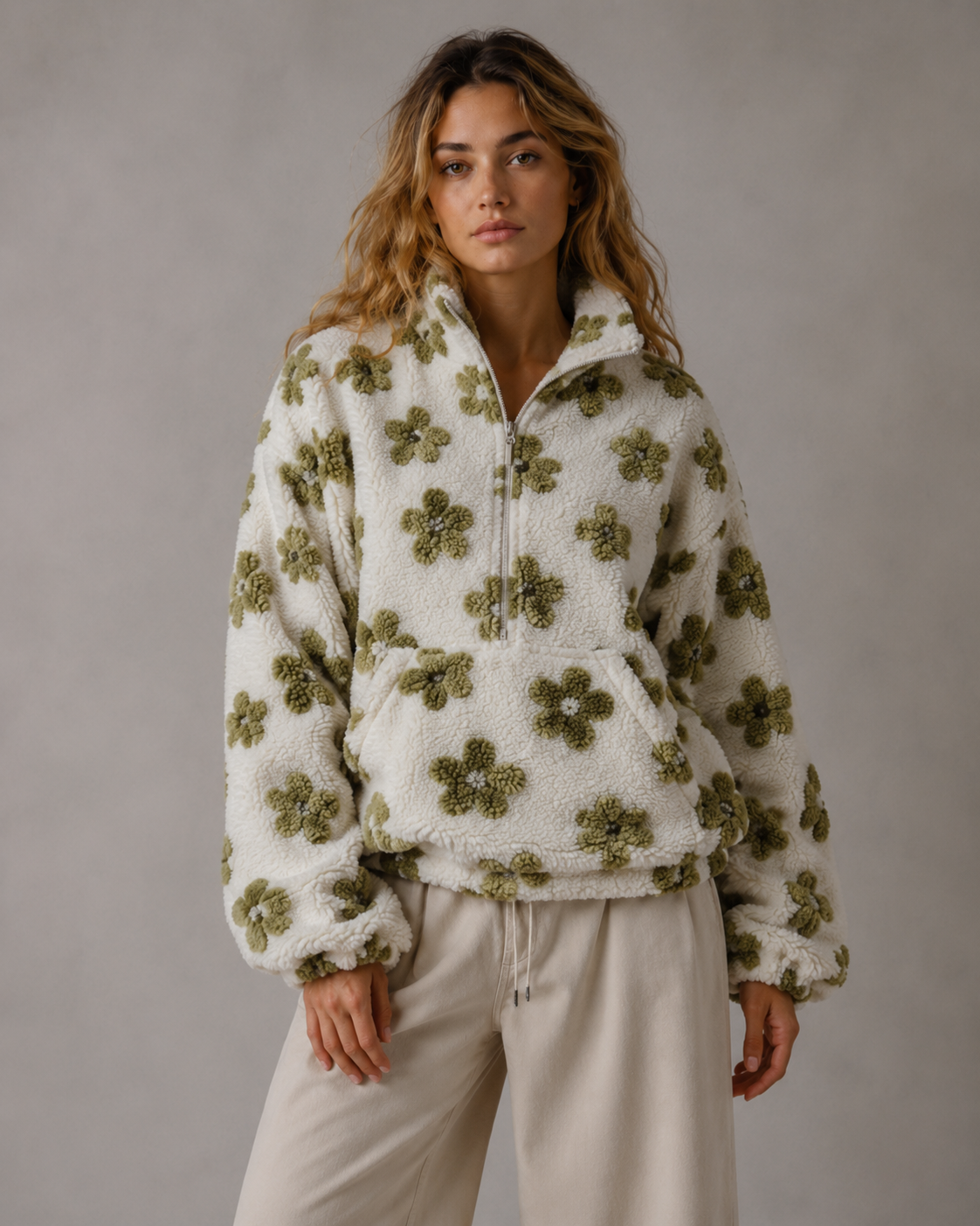 Women's Floral Sherpa Quarter Zip Pullover – Boxy Oversized Fit