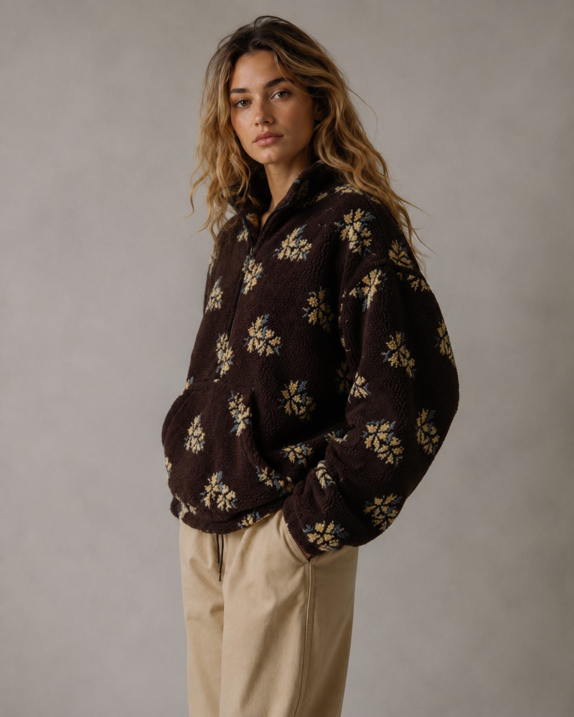 Women's Floral Sherpa Quarter Zip Pullover – Boxy Oversized Fit