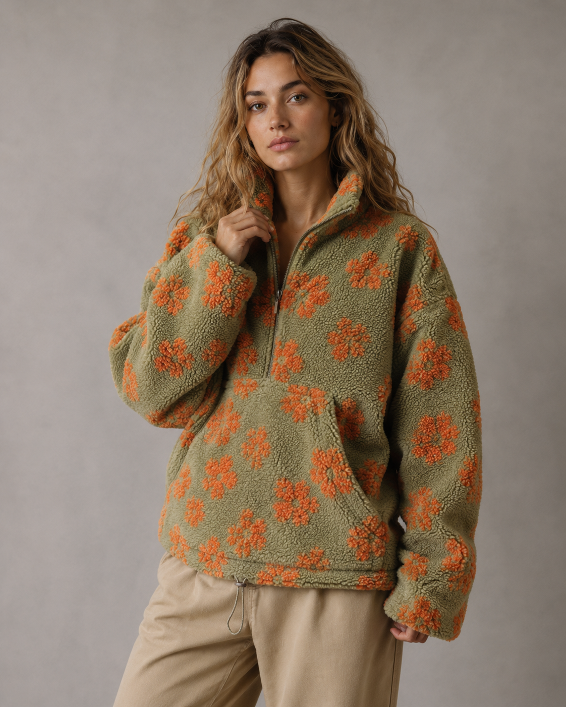 Women's Floral Sherpa Quarter Zip Pullover – Boxy Oversized Fit