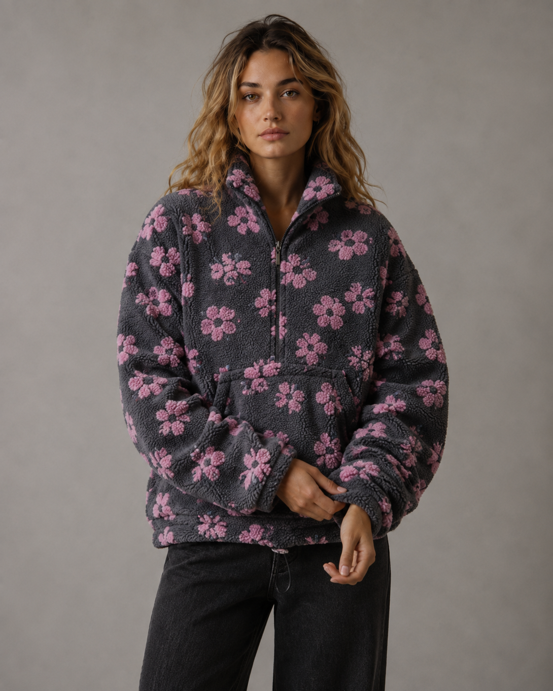 Women's Floral Sherpa Quarter Zip Pullover – Boxy Oversized Fit