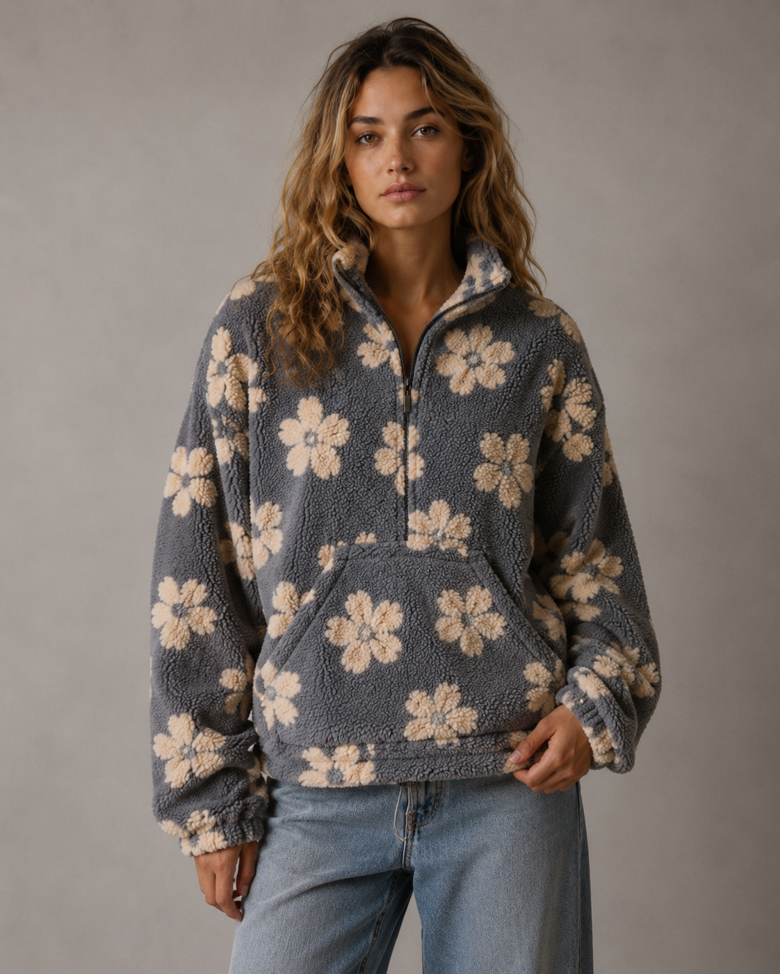 Women's Floral Sherpa Quarter Zip Pullover – Boxy Oversized Fit
