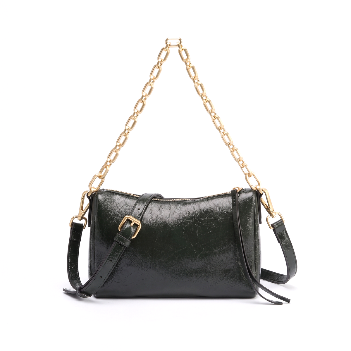 Glossy Faux Leather Chain Shoulder Bag for Women, Dark Green Pillow Bag