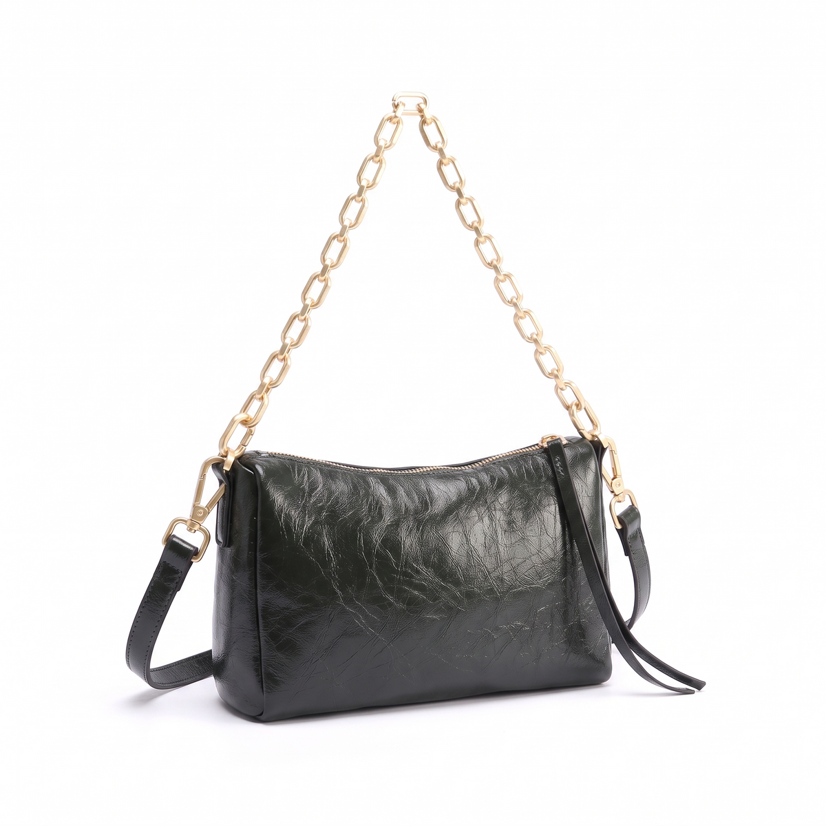 Glossy Faux Leather Chain Shoulder Bag for Women, Dark Green Pillow Bag