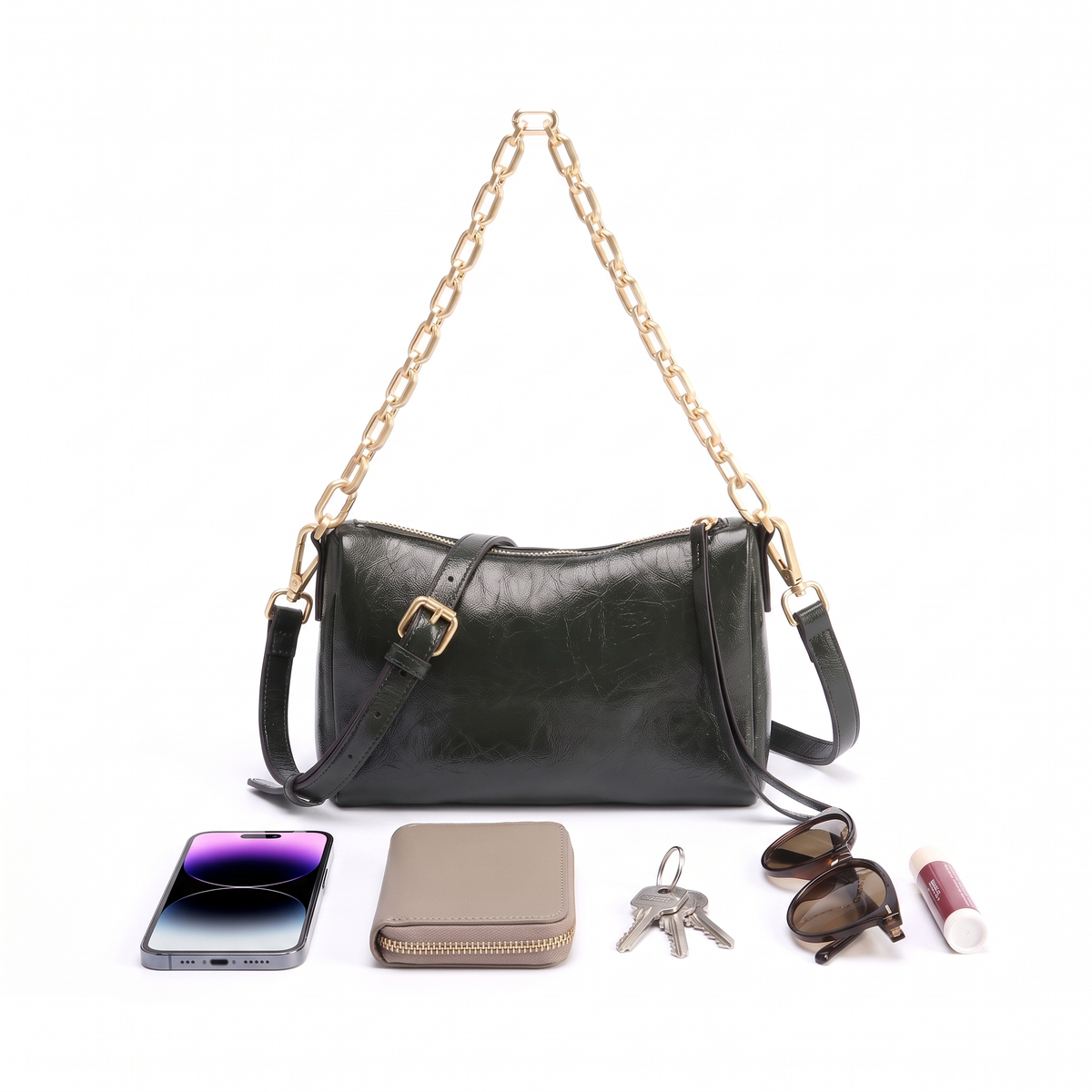 Glossy Faux Leather Chain Shoulder Bag for Women, Dark Green Pillow Bag