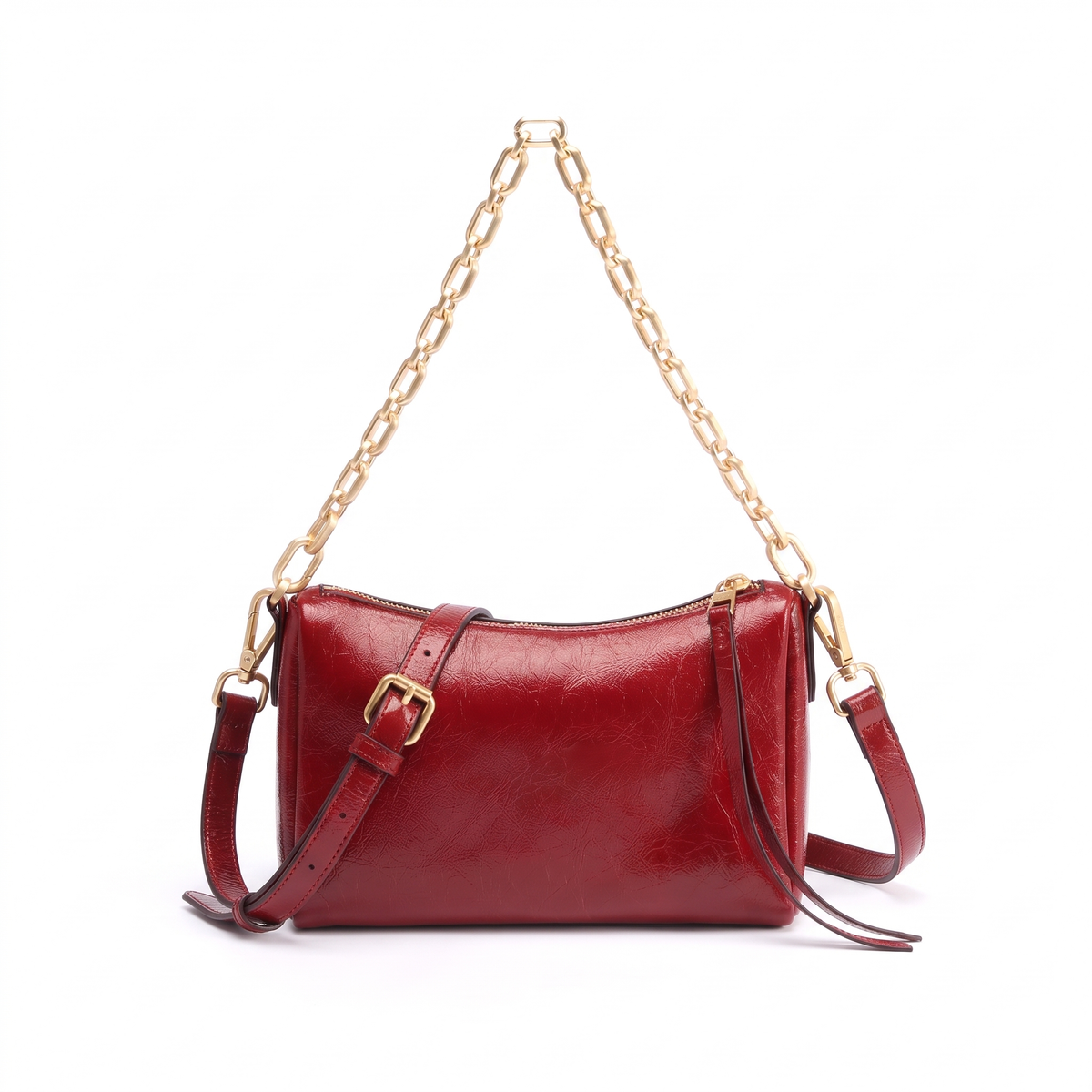 Glossy Faux Leather Chain Shoulder Bag for Women, Dark Green Pillow Bag