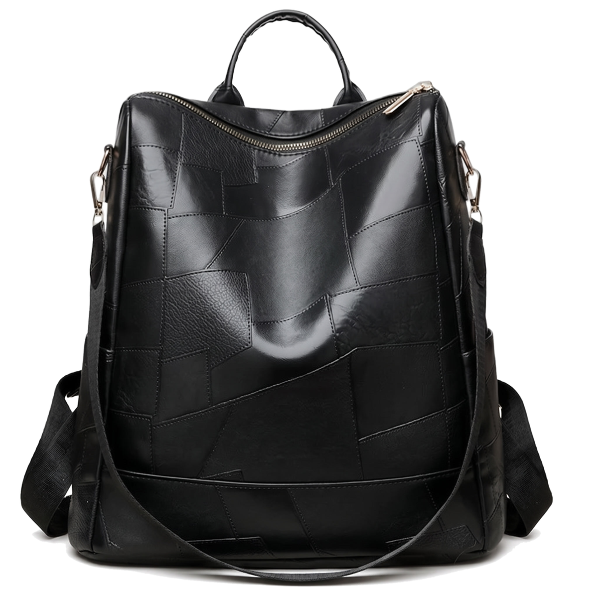 Glossy Faux Leather Patchwork Backpack for Women, Black City Backpack Purse