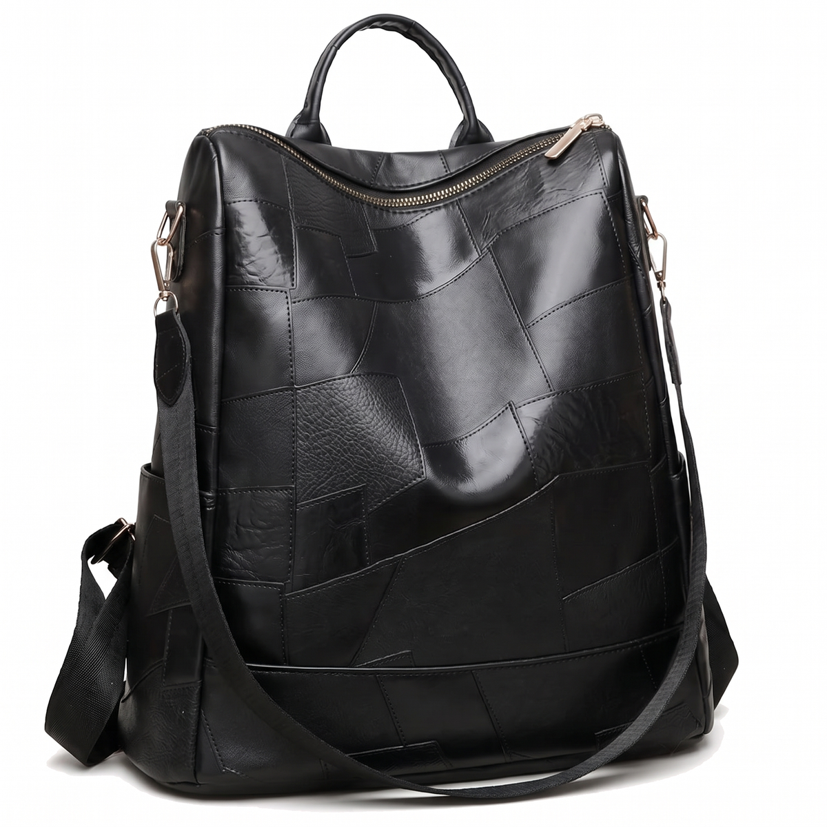 Glossy Faux Leather Patchwork Backpack for Women, Black City Backpack Purse