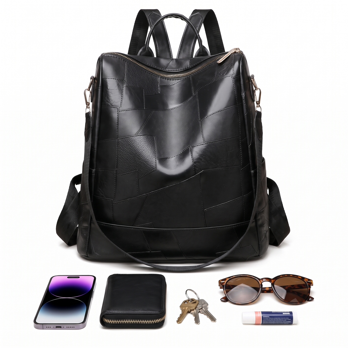Glossy Faux Leather Patchwork Backpack for Women, Black City Backpack Purse