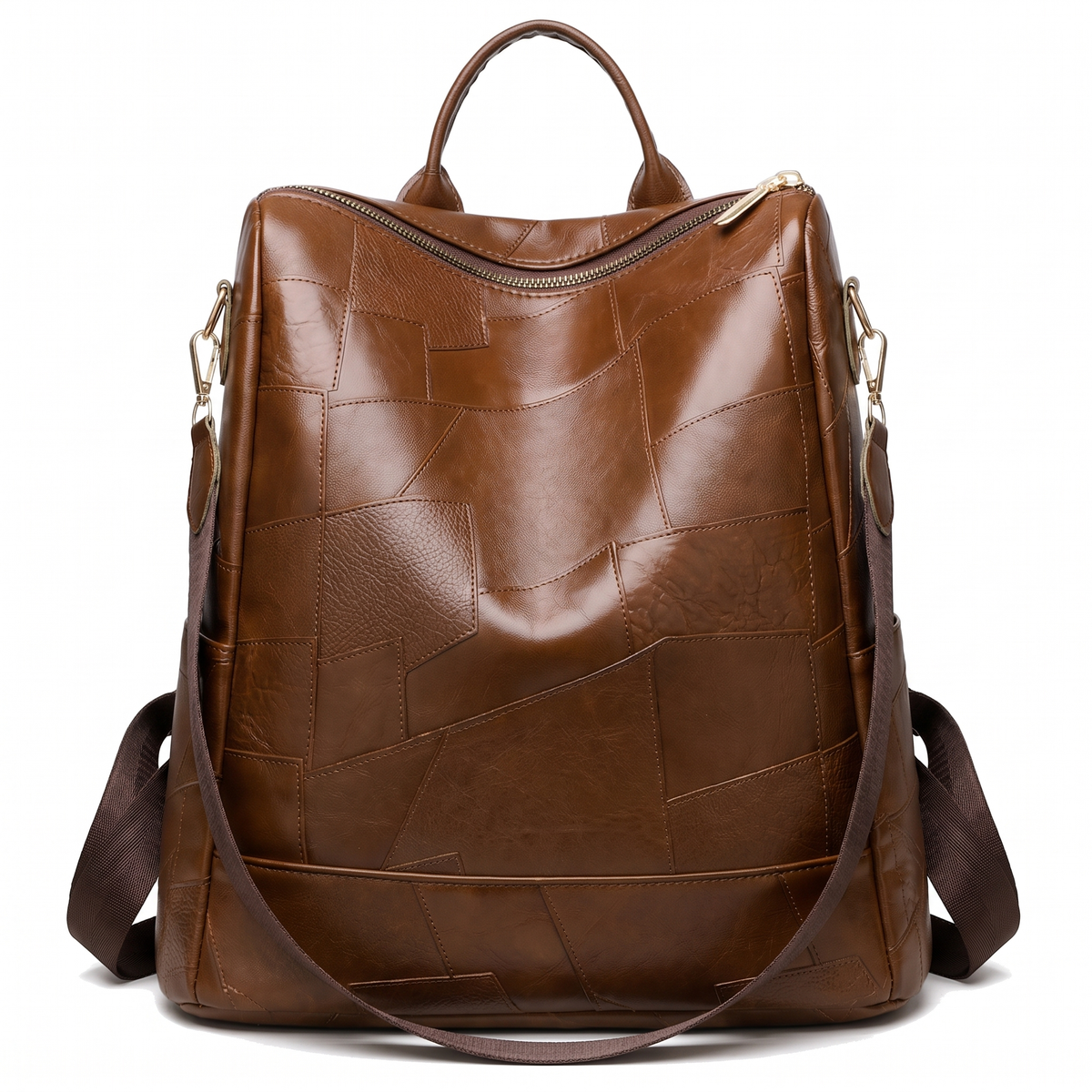 Glossy Faux Leather Patchwork Backpack for Women, Black City Backpack Purse