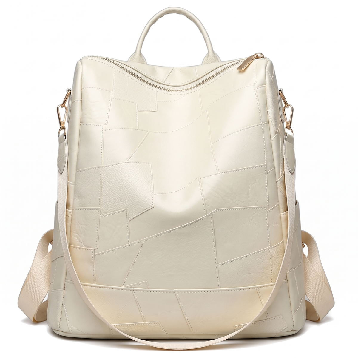 Glossy Faux Leather Patchwork Backpack for Women, Black City Backpack Purse