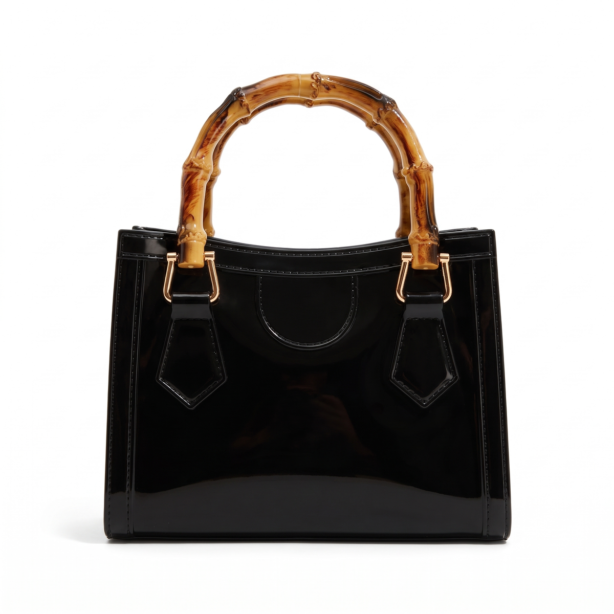 Glossy Jelly Mini Tote Bag for Women, Black Bamboo Handle Top Handle Bag
